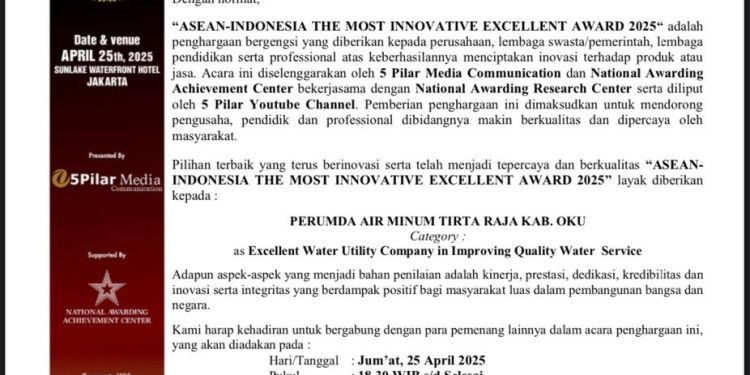 Keren, Bupati dan Perumda Tirtaraja Dapat Penghargaan Pionir Inovasi dan Transformasi Air Bersih di OKU